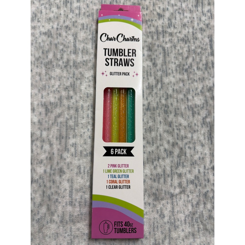 CharCharms Tumbler Straws Glitter Pack 6 Count Reusable Fits 40oz Tumblers Multi